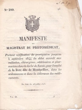 Manifeste du Magistrat du protomédicat, portant notification de prorogation jusqu'au 5 septembre 1844 du délai accordé aux ,. undefined