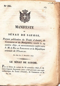 Manifeste du Sénat de Savoie portant publication du Traité d'Amitié, de Commerce et de Navigation, conclu le 29 octobre 1840, et