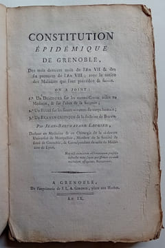 Constitution épidémique de Grenoble des années VII et VIII. LAUGIER (Jean-Balthazard)