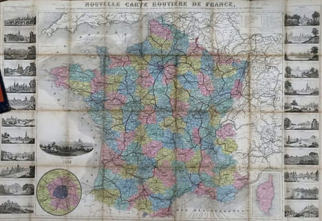 Nouvelle carte routière de France, indiquant les routes impériales et départementales avec leur distance en kilomètres, les chemins de fer, canaux, ...