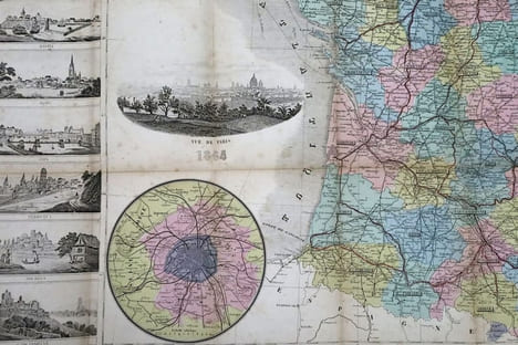Nouvelle carte routière de France, indiquant les routes impériales et départementales avec leur distance en kilomètres, les chemins de fer, canaux, ...