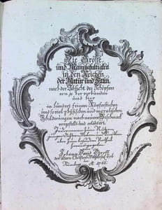 Die Grösse und Mannigfaltigkeit in den Reichen der Natur und Sitten : nach der Absicht des Schöpfers von je her verbunden und hier in hundert feinen Kupferstichen und soviel phÿsischen und moralischen Schilderungen nach neuem Geschmack vorgestellt und erläutert, jedermann zum Nutzen, jungen Dichtern, Malern und Künstlern aber zum besondern Vortheil