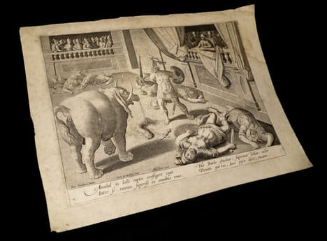  [Eau-forte ainsi légendée :] Annibal in bello captos confligere cogit Inter se tantum superest ex omnibus unus Hic bardo obijcitur ; Superatur bellua ...