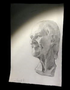 [Dessin au fusain figurant un portrait en profil de Voltaire].