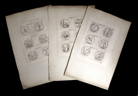 [Ensemble composite renfermant 30 planches gravées XVIIIème].. [Sigillographie - Héraldique - Numismatie].