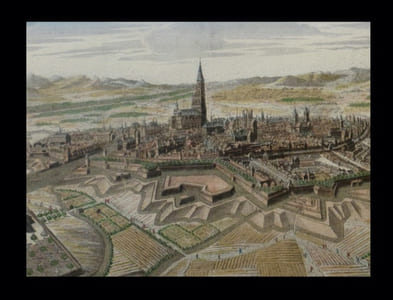 [Eau-forte avec rehauts aquarellés du temps] : Strasbourg, ville impériale d'Alemagne [sic, Allemagne] avec Evêché suffragant de Mayence. Capitale de l'Alsace et une des plus belles et des plus grandes. [...].