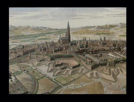 [Eau-forte avec rehauts aquarellés du temps] : Strasbourg, ville impériale d'Alemagne [sic, Allemagne] avec Evêché suffragant de Mayence. Capitale de ...