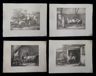 [Suite de 4 estampes originales :] L'Entrée de l'écurie - L'Intérieur de l'écurie - Le Palfrenier [Palefrenier] surveillant - La Sortie de l'écurie.