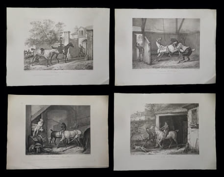 [Suite de 4 estampes originales :] L'Entrée de l'écurie - L'Intérieur de l'écurie - Le Palfrenier [Palefrenier] surveillant - La Sortie de l'écurie.. ...