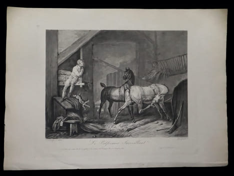 [Suite de 4 estampes originales :] L'Entrée de l'écurie - L'Intérieur de l'écurie - Le Palfrenier [Palefrenier] surveillant - La Sortie de l'écurie.. ...