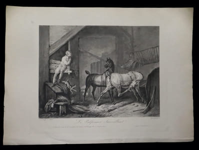 [Suite de 4 estampes originales :] L'Entrée de l'écurie - L'Intérieur de l'écurie - Le Palfrenier [Palefrenier] surveillant - La Sortie de l'écurie.