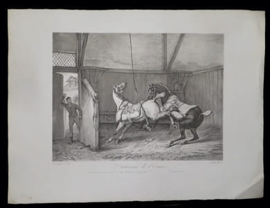 [Suite de 4 estampes originales :] L'Entrée de l'écurie - L'Intérieur de l'écurie - Le Palfrenier [Palefrenier] surveillant - La Sortie de l'écurie.
