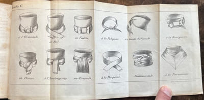 L'Art de mettre sa cravate de mille et une manière enseigné par principes, précédé de l'histoire de la cravate, depuis son origine jusqu'à ce jour ; de considérations sur l'usage des cols, de la cravate noire et des foulards ; et suivi d'une liste par ordre alphabétique des marchans de cravates, de foulards, de cols, etc. Par le Bon Emile de l'Empésé, membre de la plupart des Sociétés les plus à la mode de la capitale. Orné de figures explicatives du texte, et de portraits représentant trois époques de la cravate.