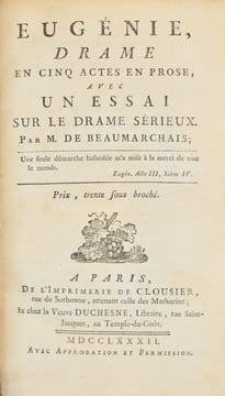 Eugénie, drame en cinq actes en prose, avec un Essai sur le drame sérieux.. BEAUMARCHAIS (Pierre-Augustin Caron de).