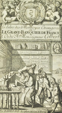 Le Grand Banquier ou le Livre des Monnoyes Etrangeres reduites en Monnoyes de France. Ouvrage tres-utile & necessaire pour toute sirte de Negocians & de Voyageurs. Contenant les Cartes de Change & les reductions des Monnoyes, pour Angleterre, Holande, Flandres, Allemagne, Espagne, Portugal, Rome, Florence, Venise, Gennes, Hambourg, Nuremberg, & autres Etats d'Allemagne, & d'Italie Par Barreme, Aritmeticien.