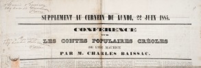 Conférence sur les contes populaires créoles de l'île Maurice par M. Charles Baissac.. BAISSAC (Charles).