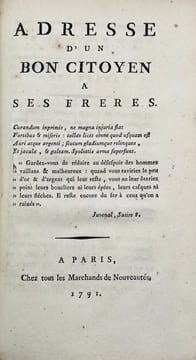 Adresse aux Amis de la Paix. Sans lieu, 1789. In-8 de 68 pp.CONDORCET (J.-A.-N. de Caritat, marquis de). Réflexions sur ce qui a été fait et sur ce ...
