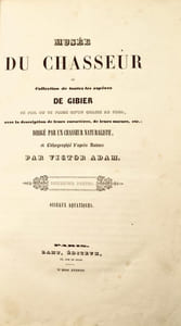 Musée du Chasseur, ou Collection de toutes les espèces de gibier de poil ou de plume qu'on chasse au fusil avec la description de leurs caractères, leurs mœurs etc. Dirigé par un chasseur naturaliste et lithographié par Victor Adam.