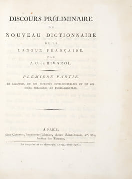 Discours préliminaire du nouveau dictionnaire de la langue française. Première partie : de l'homme, de ses facultés intellectuelles et de ses idées ...