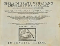 Opera di frate Vespasiano Amphiareo da Ferrara dell’ordine minore conventuale. Nella quale s’insegna a scrivere varie sorti di lettere, & massime una lettera bastarda da lui nuouamente con sua industria ritrouata, la quale serue al Cancellaresco, & Mercantesco. Poi insegna a far l’inchiostro negrissimo con tanta facilità, che ciascuno per semplice che sia, lo saprà far da se. Anchora a macinar l’oro, & scriuere con esso come si farà con l’inchiostro : parimente a scriuere con l’azurro, & col cenaprio : opera ultissima, e molto necessaria all’uso humano. Aggiuntovi di nuovo due bellissimi alphabeti di maiuscole, che nell’altre impressioni non si sono piu stampati. Con privilegio.