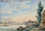 Barque sur la Seine, Notre-Dame (sans la flèche) vue de l’île Louviers.. RANSONNETTE (Charles-Nicolas).