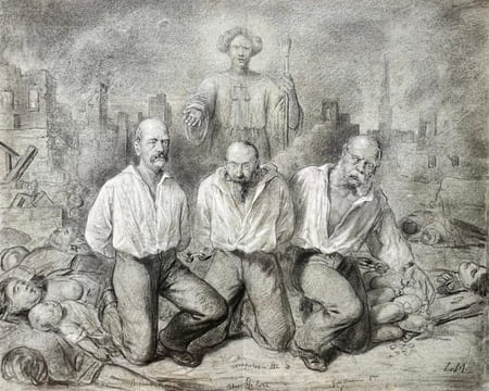 [Guerre de 1870 - Commune]. Bismarck, Napoléon III et Guillaume Ier de Prusse en chemise et à genoux sur un champ de ruines et de cadavres, condamnés ...