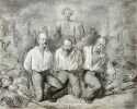 [Guerre de 1870 - Commune]. Bismarck, Napoléon III et Guillaume Ier de Prusse en chemise et à genoux sur un champ de ruines et de cadavres, condamnés ...