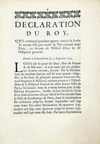 [Vins]. Déclaration du Roy qui continue pendant quatre années la levée de dix sols par muid de vin entrant dans Paris en faveur de l'Hôtel-Dieu & de l'Hôpital général. Donné à Fontainebleau le 12 septembre 1724.