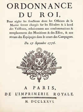 Marine Royale. Ordonnance du roi, pour régler les fonctions dont les Officiers de la Marine seront chargés sur les escadres & à bord des vaisseaux, ...