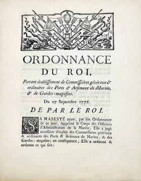 Marine Royale. Ordonnance du roi, portant établissement de Commissaires généraux & ordinaires des Ports & Arsenaux de Marine, & de Gardes-magasins. Du ...
