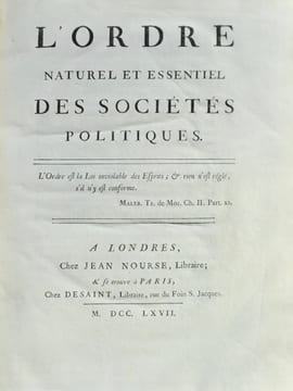 L'Ordre naturel et essentiel des Sociétés politiques.. [LEMERCIER DE LA RIVIERE (Paul-Pierre)].