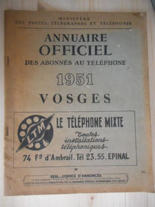 Annuaire officiel des abonnes au telephone - 1951 Vosges