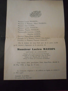Vieux papiers - Lettre d'avis de décés pour Lucien Masson de l'ile de Brehat . (Masson)