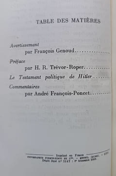 Le Testament politique de Hitler - Notes recueillies par Martin Bormann - Préface de H.R. Trevor-Roper - Commentaires de André François-Poncet - ...