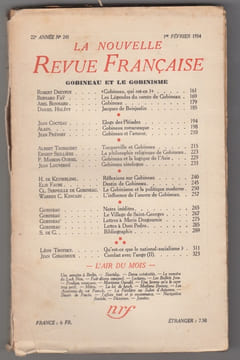 LA NOUVELLE REVUE FRANCAISE: numéro 245 de fevrier 1934 : Gobineau et le gobinisme.. Gobineau, collectif