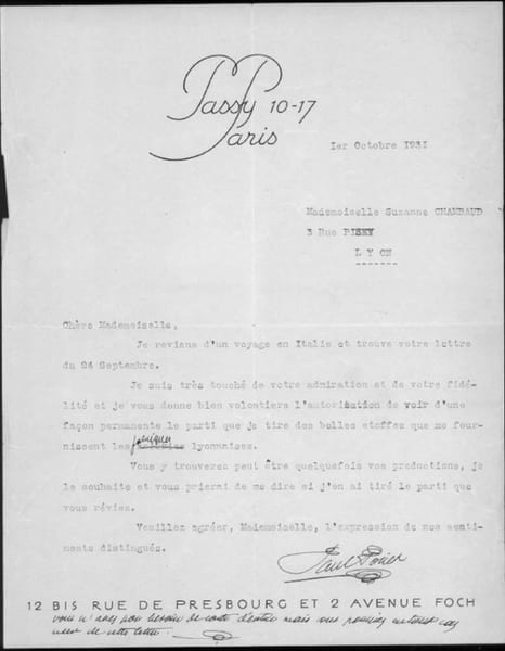 lettre tapuscrite sign&eacute;e avec 2 lignes autographes. Poiret, Paul