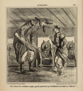 EN ROUTE VERS PEKIN - ON a beau etre tambour-major,paraît qu'on n'est pas familiarisé avec toutes les batteries!.......Lithographie . Cham,(Pseud. d' ...