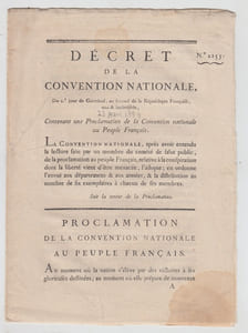 Décret de la Convention nationale, du 2.e jour de germinal, an 2.e de la république française, une & indivisible, contenant une proclamation de la Convention nationale au peuple français.Decret de la CONVENTION NATIONALE N° 2255,23 mars 1794, PROCLAMATION DE LA CONVENTION NATIONALE