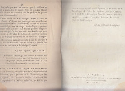 Décret de la Convention nationale, du 2.e jour de germinal, an 2.e de la république française, une & indivisible, contenant une proclamation de la Convention nationale au peuple français.Decret de la CONVENTION NATIONALE N° 2255,23 mars 1794, PROCLAMATION DE LA CONVENTION NATIONALE