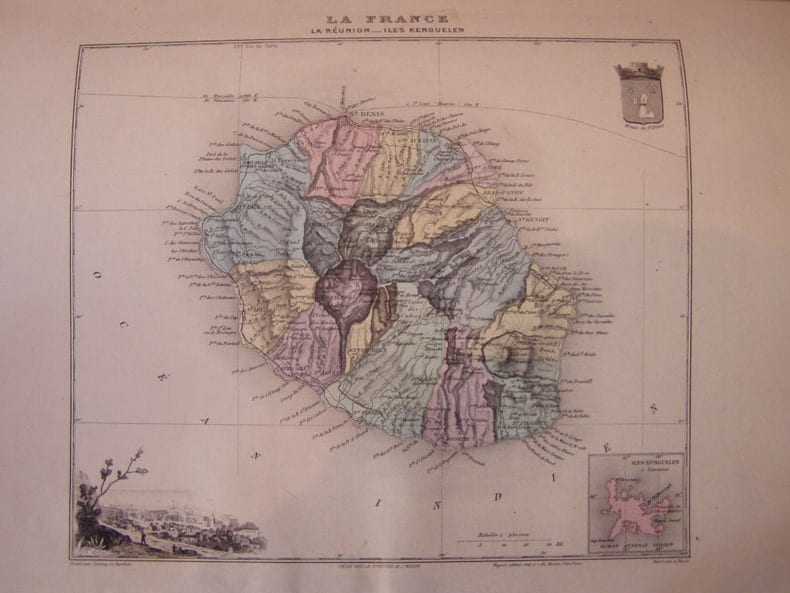 Grav.acier repr&eacute;sentant Carte de l’ile Bourbon ( la R&eacute;union ). Carte g&eacute;ographique Migeon