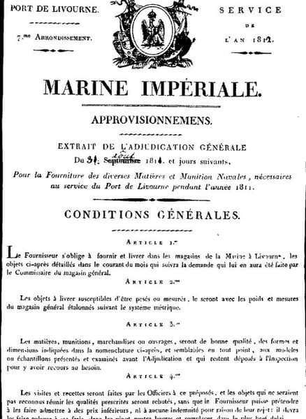 Affiche adjudication. MARINE IMPERIALE LIVOURNE