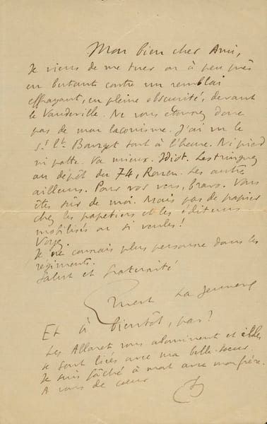 lettre autographe sign&eacute;e &agrave; Charles de Richter,. Ernest La Jeunesse,[ Pseudonyme de Ernest L&eacute;on LAJEUNESSE-CA&Euml;N , Ecrivain , Caricaturiste 1874-1917 ]