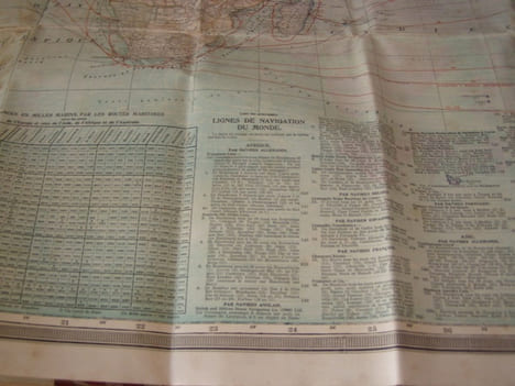 Carte du monde bi face Amerique nord sud et Europe Afrique,Asie, Australie texte en français -Large Map CHART OF THE WORLD STEAMER ROUTES . SCARBOROUG ...