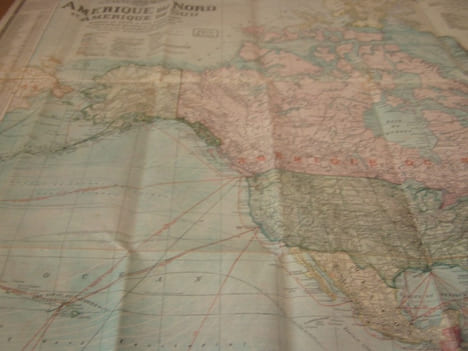 Carte du monde bi face Amerique nord sud et Europe Afrique,Asie, Australie texte en français -Large Map CHART OF THE WORLD STEAMER ROUTES . SCARBOROUG ...