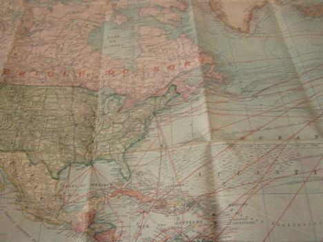 Carte du monde bi face Amerique nord sud et Europe Afrique,Asie, Australie texte en français -Large Map CHART OF THE WORLD STEAMER ROUTES . SCARBOROUG ...
