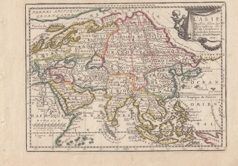 L' Asie Dress&eacute;e selon les Observations de Mrs. de l'Academie Royale des Sciences. Carte grav&eacute;e d'&eacute;poque coloris &eacute;poque avec feuillet de texte imprim&eacute; ...