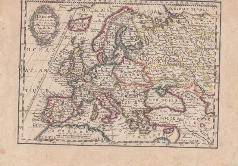 L'Europe Dressee sur les Observations de Mrs. de l'Academie Royale des Sciences- Carte grav&eacute;e d'&eacute;poque coloris &eacute;poque avec feuillet de texte imprim&eacute; ...