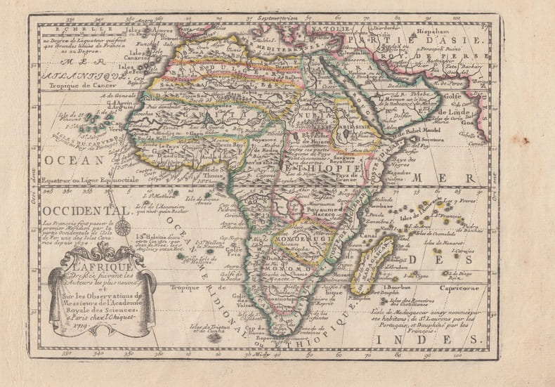 L' AFRIQUE Dress&eacute;e suivant les Auteurs les plus nouveaux et sur les Observations de Mrs. de l'Academie Royale des Sciences- Carte grav&eacute;e d'&eacute;poque ...