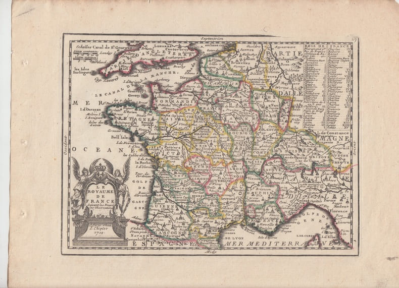 LE ROYAUME DE FRANCE suivant Observations de Mrs. de l'Academie Royale des Sciences- Carte grav&eacute;e d'&eacute;poque coloris &eacute;poque avec feuillet de texte ...