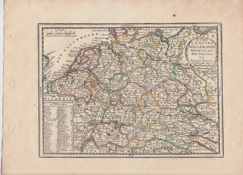 L'EMPIRE D'ALLEMAGNE divis&eacute; en ses dix cercles et autres Etats, Dress&eacute;e d'apr&eacute;s les memoires les plus nouveaux.Carte grav&eacute;e d'&eacute;poque coloris &eacute;poque ...